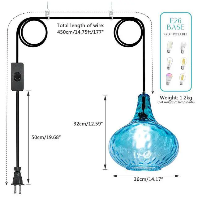 Alt view image 2 of 7 - 2-Pack Blue Hanging Lamp Vintage Plug in Pendant Light Fixture Globe Glass Plug in Ceilig Pendant Lamp with Cord Hammered Shade Plugin Hanging Lamp for Bedroom Dining Living Room