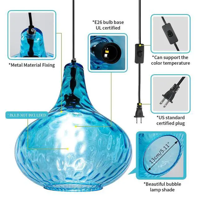 Alt view image 3 of 7 - 2-Pack Blue Hanging Lamp Vintage Plug in Pendant Light Fixture Globe Glass Plug in Ceilig Pendant Lamp with Cord Hammered Shade Plugin Hanging Lamp for Bedroom Dining Living Room