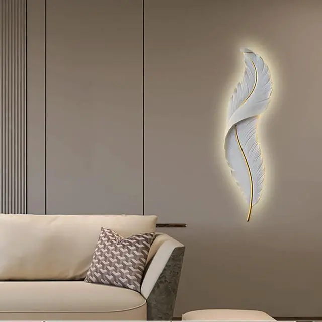 Alt view image 7 of 7 - Wall Lamp Feather Wall Decor White Feather Modern Elegant Wall Lights LED Wall Sconce Creative Art Resin Wings Decor Lighting for Bedroom Dining Living Room Hallway