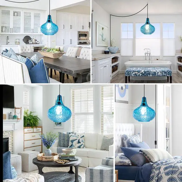 Alt view image 4 of 7 - 2-Pack Blue Hanging Lamp Vintage Plug in Pendant Light Fixture Globe Glass Plug in Ceilig Pendant Lamp with Cord Hammered Shade Plugin Hanging Lamp for Bedroom Dining Living Room