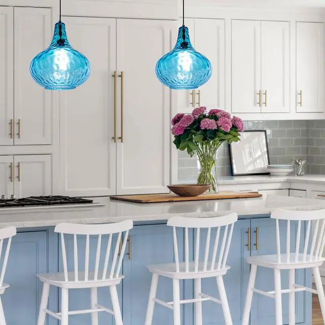 Alt view image 5 of 7 - 2-Pack Blue Hanging Lamp Vintage Plug in Pendant Light Fixture Globe Glass Plug in Ceilig Pendant Lamp with Cord Hammered Shade Plugin Hanging Lamp for Bedroom Dining Living Room