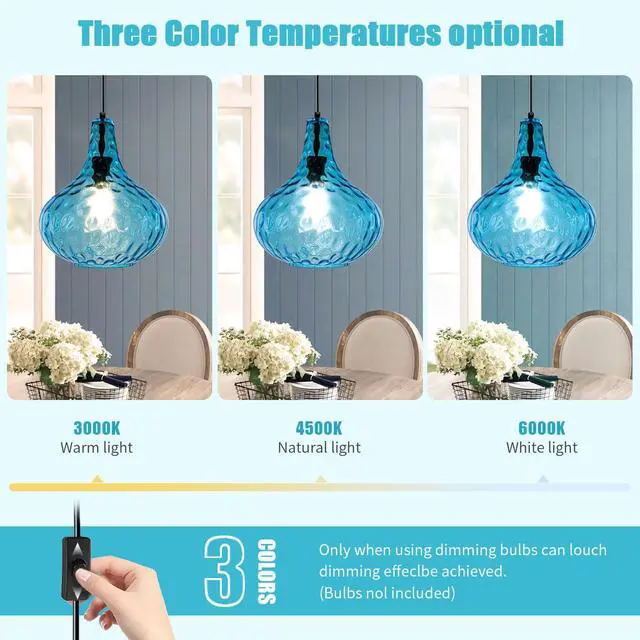 Alt view image 7 of 7 - 2-Pack Blue Hanging Lamp Vintage Plug in Pendant Light Fixture Globe Glass Plug in Ceilig Pendant Lamp with Cord Hammered Shade Plugin Hanging Lamp for Bedroom Dining Living Room