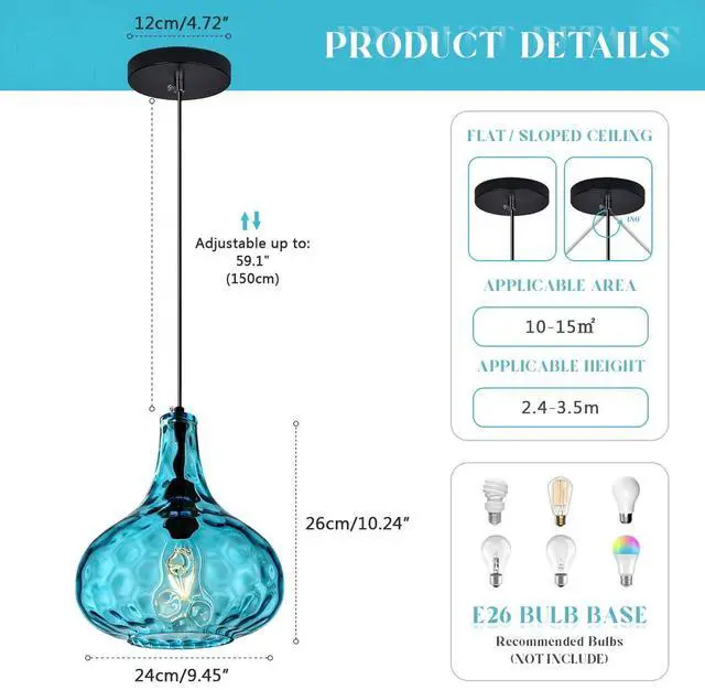 Alt view image 2 of 7 - Kitchen Island Blue Pendant Lights, Vintage Globe Pendant Light Fixture Glass Mid-Century Modern Chandelier Pendant Lighting Black Finish 9.45 Glass Shade Farmhouse (Blue-Hardwired)