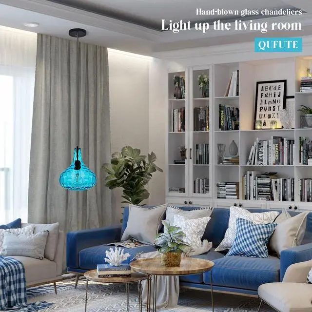 Alt view image 4 of 7 - Kitchen Island Blue Pendant Lights, Vintage Globe Pendant Light Fixture Glass Mid-Century Modern Chandelier Pendant Lighting Black Finish 9.45 Glass Shade Farmhouse (Blue-Hardwired)
