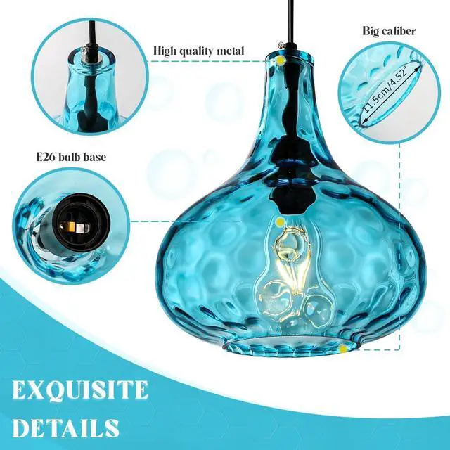 Alt view image 3 of 7 - Kitchen Island Blue Pendant Lights, Vintage Globe Pendant Light Fixture Glass Mid-Century Modern Chandelier Pendant Lighting Black Finish 9.45 Glass Shade Farmhouse (Blue-Hardwired)