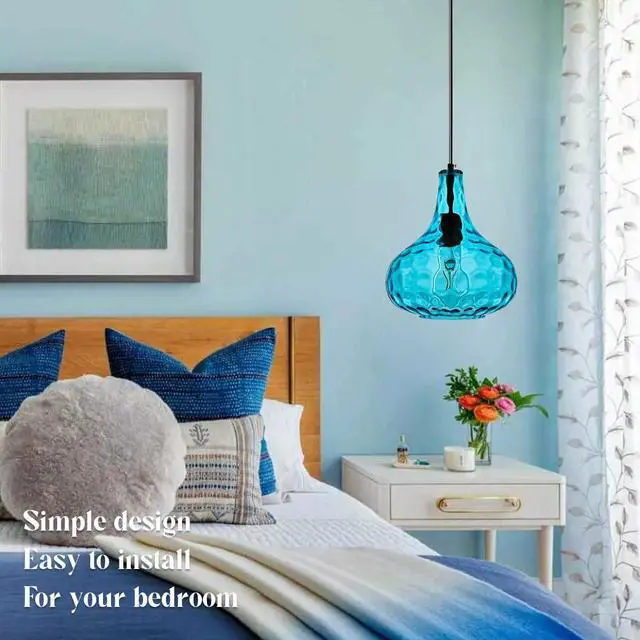 Alt view image 5 of 7 - Kitchen Island Blue Pendant Lights, Vintage Globe Pendant Light Fixture Glass Mid-Century Modern Chandelier Pendant Lighting Black Finish 9.45 Glass Shade Farmhouse (Blue-Hardwired)