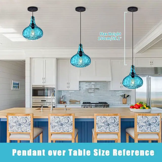 Alt view image 6 of 7 - Kitchen Island Blue Pendant Lights, Vintage Globe Pendant Light Fixture Glass Mid-Century Modern Chandelier Pendant Lighting Black Finish 9.45 Glass Shade Farmhouse (Blue-Hardwired)