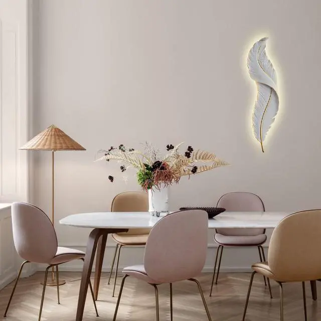 Alt view image 5 of 7 - Wall Lamp Feather Wall Decor White Feather Modern Elegant Wall Lights LED Wall Sconce Creative Art Resin Wings Decor Lighting for Bedroom Dining Living Room Hallway