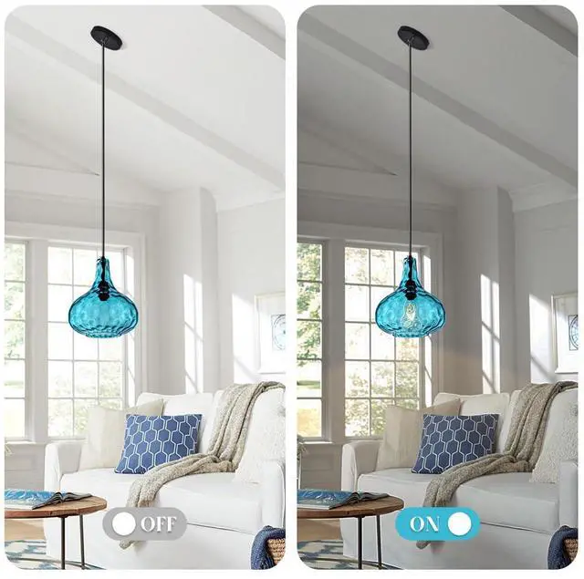 Alt view image 7 of 7 - Kitchen Island Blue Pendant Lights, Vintage Globe Pendant Light Fixture Glass Mid-Century Modern Chandelier Pendant Lighting Black Finish 9.45 Glass Shade Farmhouse (Blue-Hardwired)