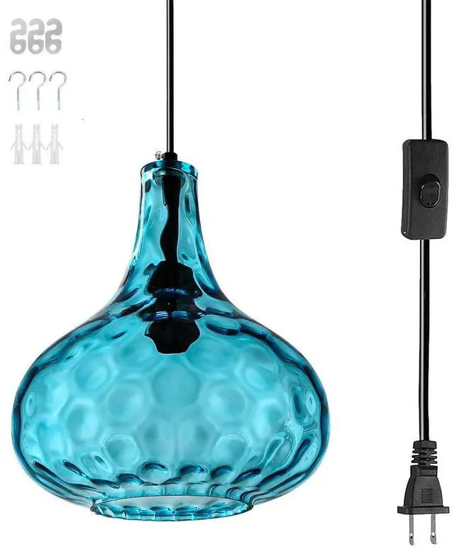 Main image of Blue Glass Plug in Pendant Light Fixture, Mid-Century Modern Pendant Lamp with 14.7 ft Cord Hammered Glass Globe Shade,Black Vintage Plug in Hanging Light for Bedroom Dining Living Room