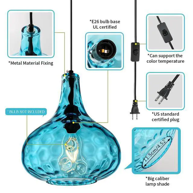 Alt view image 3 of 7 - Blue Glass Plug in Pendant Light Fixture, Mid-Century Modern Pendant Lamp with 14.7 ft Cord Hammered Glass Globe Shade,Black Vintage Plug in Hanging Light for Bedroom Dining Living Room