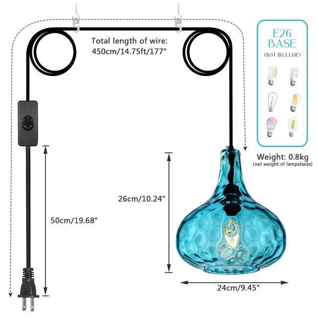 Alt view image 2 of 7 - Blue Glass Plug in Pendant Light Fixture, Mid-Century Modern Pendant Lamp with 14.7 ft Cord Hammered Glass Globe Shade,Black Vintage Plug in Hanging Light for Bedroom Dining Living Room