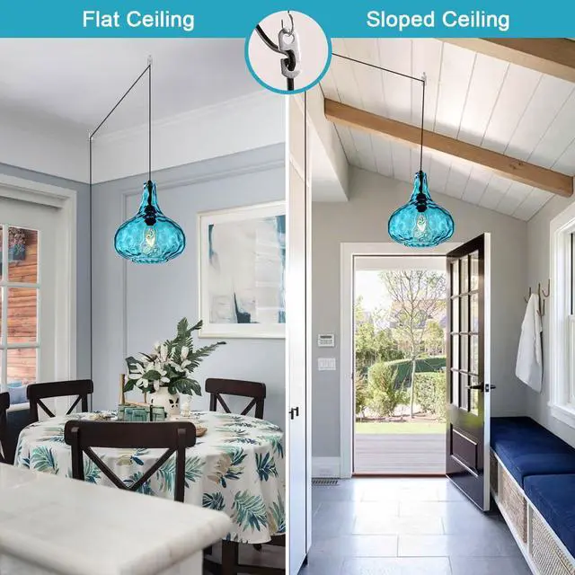 Alt view image 4 of 7 - Blue Glass Plug in Pendant Light Fixture, Mid-Century Modern Pendant Lamp with 14.7 ft Cord Hammered Glass Globe Shade,Black Vintage Plug in Hanging Light for Bedroom Dining Living Room