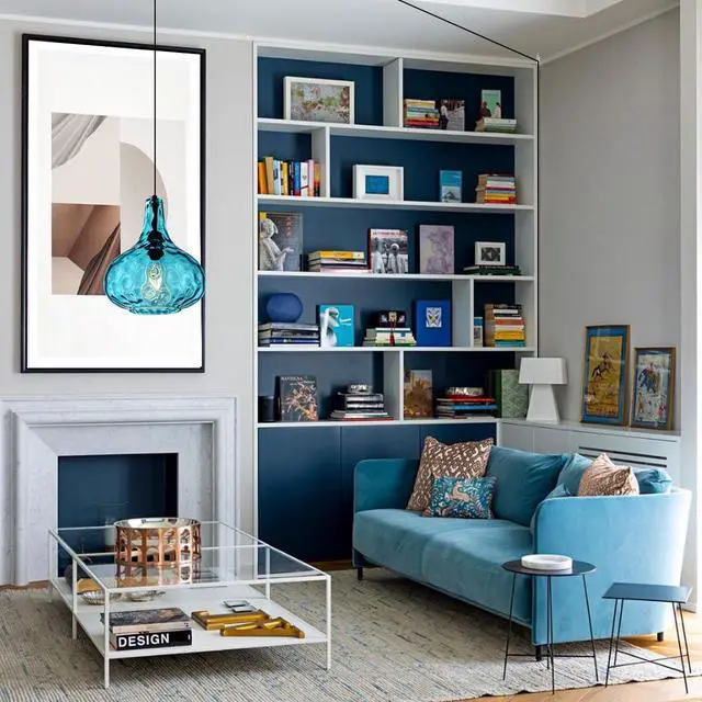 Alt view image 6 of 7 - Blue Glass Plug in Pendant Light Fixture, Mid-Century Modern Pendant Lamp with 14.7 ft Cord Hammered Glass Globe Shade,Black Vintage Plug in Hanging Light for Bedroom Dining Living Room