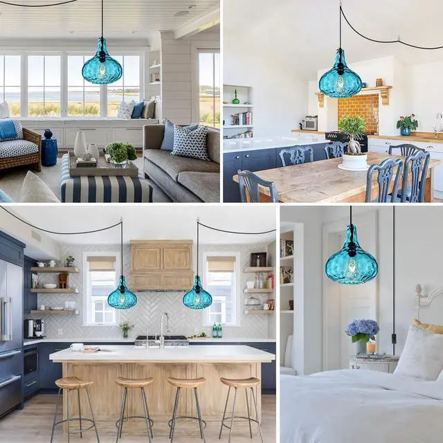 Alt view image 7 of 7 - Blue Glass Plug in Pendant Light Fixture, Mid-Century Modern Pendant Lamp with 14.7 ft Cord Hammered Glass Globe Shade,Black Vintage Plug in Hanging Light for Bedroom Dining Living Room