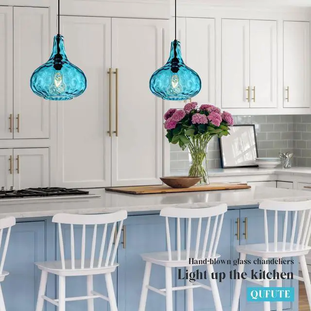 Alt view image 5 of 7 - Blue Glass Plug in Pendant Light Fixture, Mid-Century Modern Pendant Lamp with 14.7 ft Cord Hammered Glass Globe Shade,Black Vintage Plug in Hanging Light for Bedroom Dining Living Room