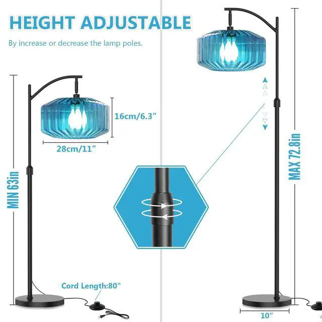 Alt view image 2 of 7 - Glass Floor Lamp Living Room Blue Glass Dome Shade Industrial Dimmable Tall Lamp Mid Century Modern Floor Lamps Bedroom Farmhouse Home Decor Black Floor lamp Vintage Retro Standing Lamps