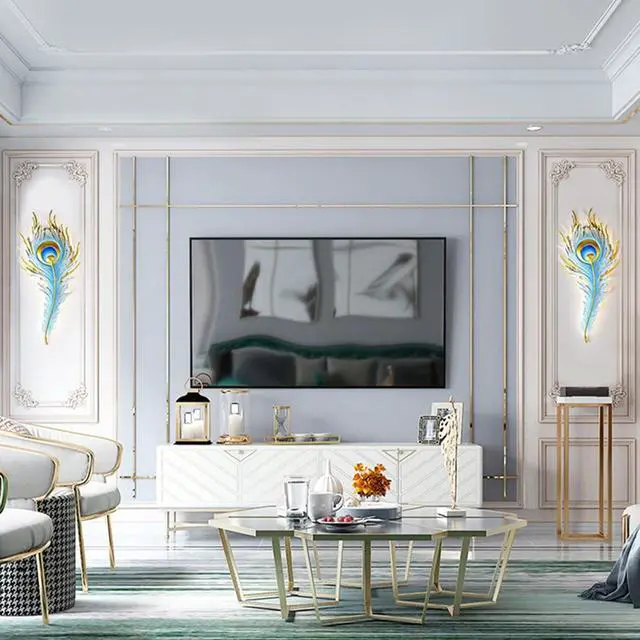 Alt view image 2 of 7 - LED Dimmable Wall Sconce Mid Century Modern Wall Lights Fixtures Blue Peacock Feather Design 3000K-6000K 23W LED Unique Wall Lamp for Bedroom Hallway Bathroom Dining Living Room