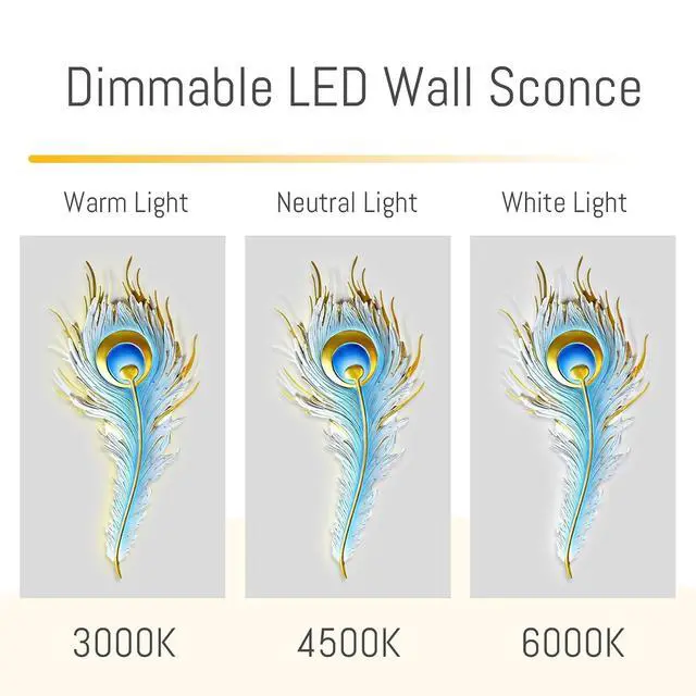 Alt view image 7 of 7 - Peacock Feather wall Light Unique Modern LED wall Light fixtures | Creative Wall Sconce Blue Design indoor Art Decor 26.4" Height Three-color lighting Changing Living Room Dining Room Bedroom
