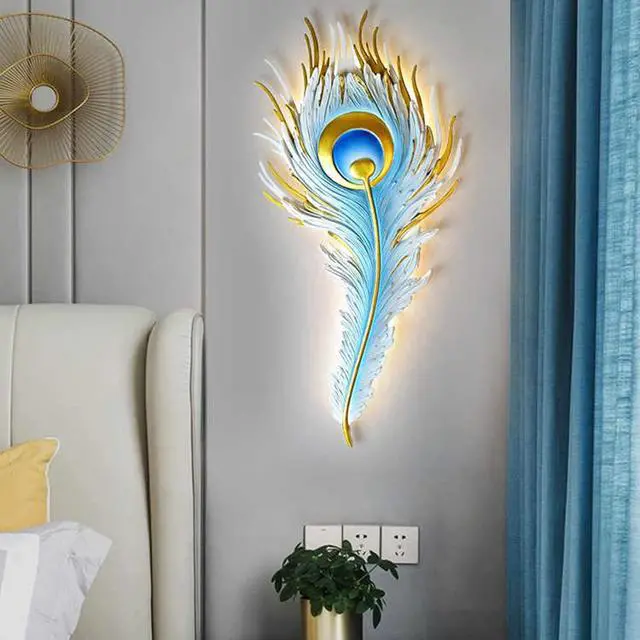 Alt view image 3 of 7 - LED Dimmable Wall Sconce Mid Century Modern Wall Lights Fixtures Blue Peacock Feather Design 3000K-6000K 23W LED Unique Wall Lamp for Bedroom Hallway Bathroom Dining Living Room