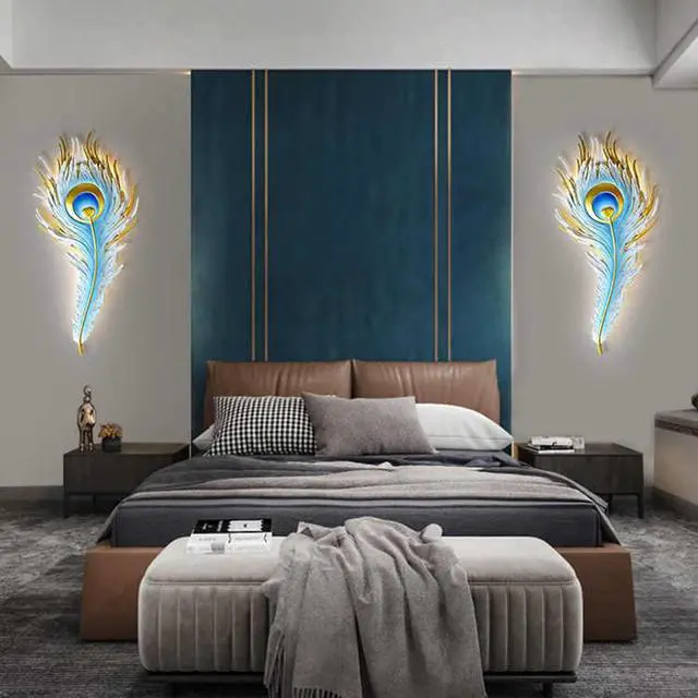 Alt view image 4 of 7 - LED Dimmable Wall Sconce Mid Century Modern Wall Lights Fixtures Blue Peacock Feather Design 3000K-6000K 23W LED Unique Wall Lamp for Bedroom Hallway Bathroom Dining Living Room