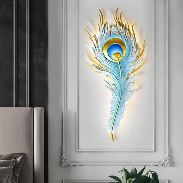 Alt view image 5 of 7 - LED Dimmable Wall Sconce Mid Century Modern Wall Lights Fixtures Blue Peacock Feather Design 3000K-6000K 23W LED Unique Wall Lamp for Bedroom Hallway Bathroom Dining Living Room