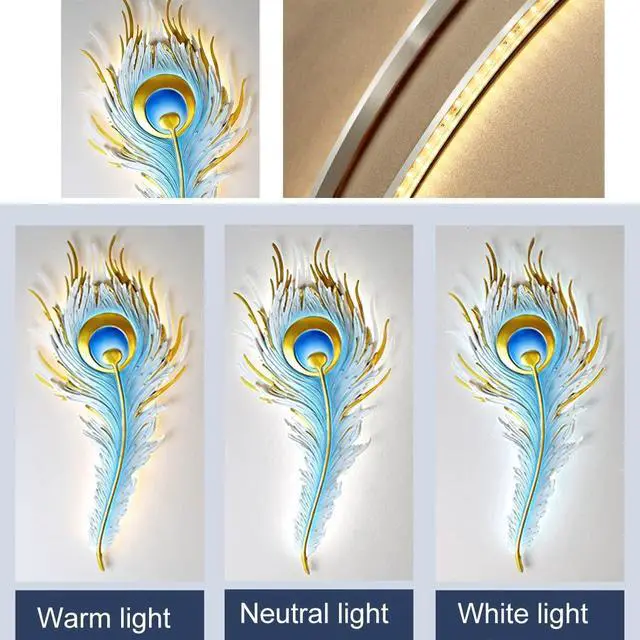 Alt view image 7 of 7 - LED Dimmable Wall Sconce Mid Century Modern Wall Lights Fixtures Blue Peacock Feather Design 3000K-6000K 23W LED Unique Wall Lamp for Bedroom Hallway Bathroom Dining Living Room
