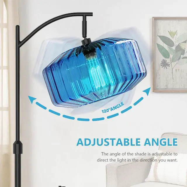 Alt view image 3 of 7 - Glass Floor Lamp Living Room Blue Glass Dome Shade Industrial Dimmable Tall Lamp Mid Century Modern Floor Lamps Bedroom Farmhouse Home Decor Black Floor lamp Vintage Retro Standing Lamps