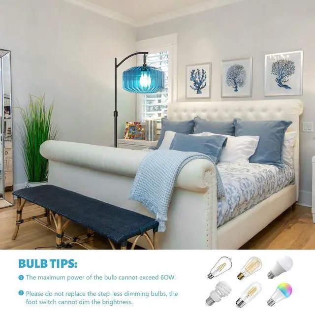 Alt view image 6 of 7 - Glass Floor Lamp Living Room Blue Glass Dome Shade Industrial Dimmable Tall Lamp Mid Century Modern Floor Lamps Bedroom Farmhouse Home Decor Black Floor lamp Vintage Retro Standing Lamps