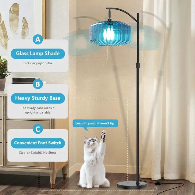 Alt view image 4 of 7 - Glass Floor Lamp Living Room Blue Glass Dome Shade Industrial Dimmable Tall Lamp Mid Century Modern Floor Lamps Bedroom Farmhouse Home Decor Black Floor lamp Vintage Retro Standing Lamps