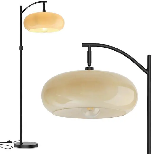 Main image of Large Glass Floor Lamp Milk Yellow Dome Shade Bedroom Standing Lamps | Black Floor Lamps Mid Century Modern Floor Lamp Vintage Tall lamp Decor Dimmable Floor lamp Living Room corner Study Office