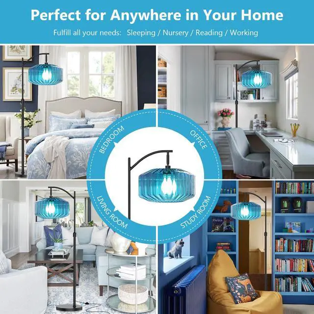 Alt view image 7 of 7 - Glass Floor Lamp Living Room Blue Glass Dome Shade Industrial Dimmable Tall Lamp Mid Century Modern Floor Lamps Bedroom Farmhouse Home Decor Black Floor lamp Vintage Retro Standing Lamps