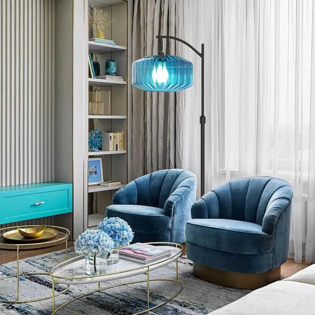 Alt view image 5 of 7 - Glass Floor Lamp Living Room Blue Glass Dome Shade Industrial Dimmable Tall Lamp Mid Century Modern Floor Lamps Bedroom Farmhouse Home Decor Black Floor lamp Vintage Retro Standing Lamps