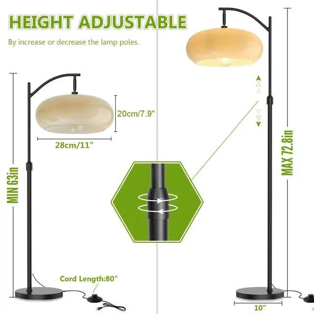 Alt view image 2 of 7 - Large Glass Floor Lamp Milk Yellow Dome Shade Bedroom Standing Lamps | Black Floor Lamps Mid Century Modern Floor Lamp Vintage Tall lamp Decor Dimmable Floor lamp Living Room corner Study Office
