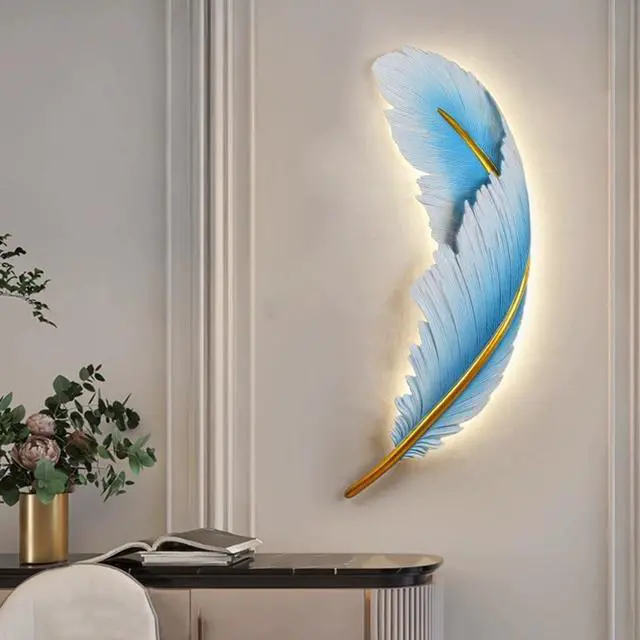 Alt view image 6 of 7 - Living Room Wall Sconce Modern Dimmable LED Wall Light Fixtures Blue Feather Design 3000K-6000K 23W LED Resin Wall Lamp for Bedroom Hallway Bathroom (1-Pack) (Blue Right)