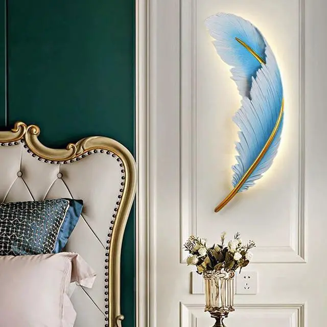 Alt view image 7 of 7 - Living Room Wall Sconce Modern Dimmable LED Wall Light Fixtures Blue Feather Design 3000K-6000K 23W LED Resin Wall Lamp for Bedroom Hallway Bathroom (1-Pack) (Blue Right)