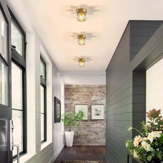 Alt view image 3 of 7 - Crystal Flush Mount Ceiling Light Gold Modern Glass Ceiling Light Fixture with Diamond Crystal Shade Vintage Close to Ceiling Lights for Bedroom Hallway Kitchen Entryway