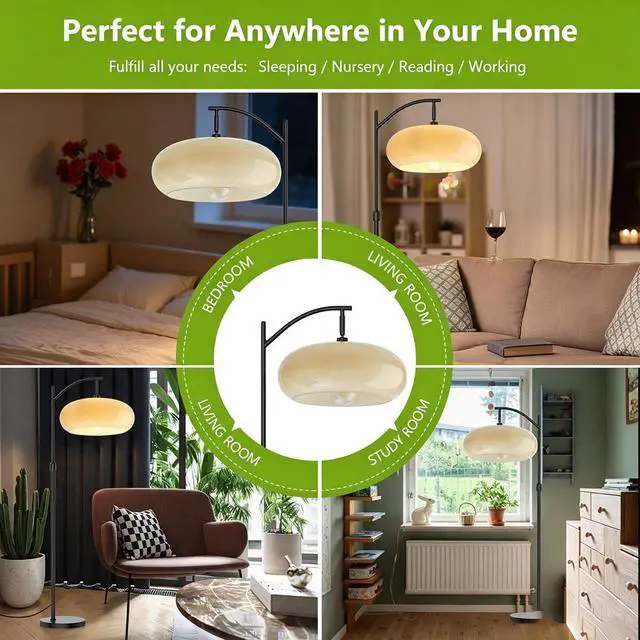Alt view image 7 of 7 - Large Glass Floor Lamp Milk Yellow Dome Shade Bedroom Standing Lamps | Black Floor Lamps Mid Century Modern Floor Lamp Vintage Tall lamp Decor Dimmable Floor lamp Living Room corner Study Office
