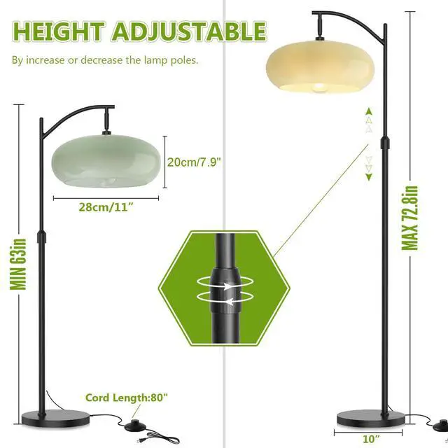 Alt view image 2 of 7 - Modern Glass Floor Lamp Large Milk Green Dome Shade Black Floor Lamp | Large 11Inch Glass Globe Shade Mcm Vintage Standing Lamps Tall lamp floor lamp for Living room Farmhouse Bedroom home decor
