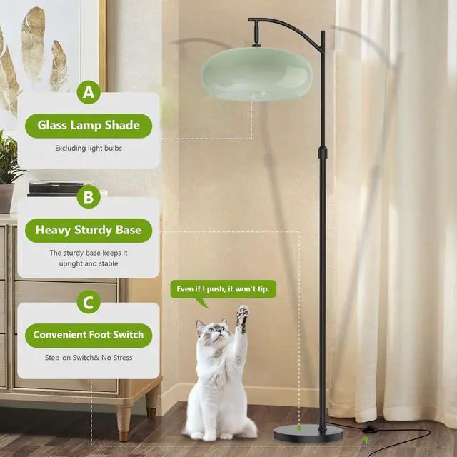 Alt view image 4 of 7 - Modern Glass Floor Lamp Large Milk Green Dome Shade Black Floor Lamp | Large 11Inch Glass Globe Shade Mcm Vintage Standing Lamps Tall lamp floor lamp for Living room Farmhouse Bedroom home decor