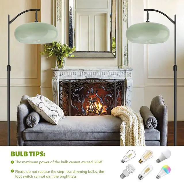 Alt view image 6 of 7 - Modern Glass Floor Lamp Large Milk Green Dome Shade Black Floor Lamp | Large 11Inch Glass Globe Shade Mcm Vintage Standing Lamps Tall lamp floor lamp for Living room Farmhouse Bedroom home decor