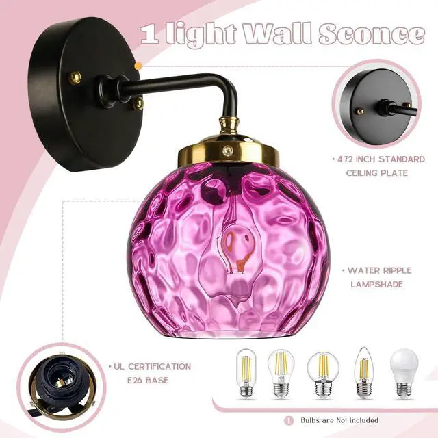 Alt view image 2 of 7 - Purple Bathroom Lighting Fixture Over Mirror Mid Century Wall Sconce | 15cm/5.9Inch Hammer Glass Globe Shade Modern Vanity Light Fixture Black Gold Finish Over Mirror Hallway Living Room Stairwell