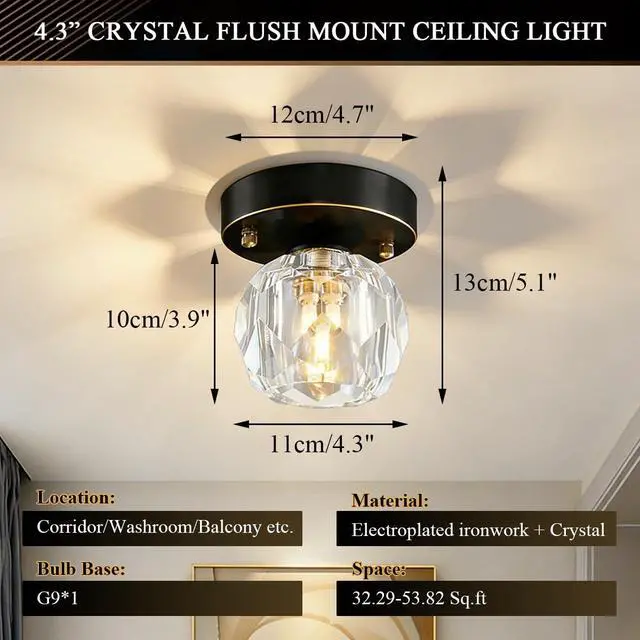 Alt view image 2 of 7 - Crystal Flush Mount Lights Black Brass Ceiling Light Fixtures 3-Pack | Vintage Modern Close to Lamp Mini Small Clear Crystal Globe Shade 11cm/4.3Inch G9 Base for Bedroom Hallway Foyer Entrance