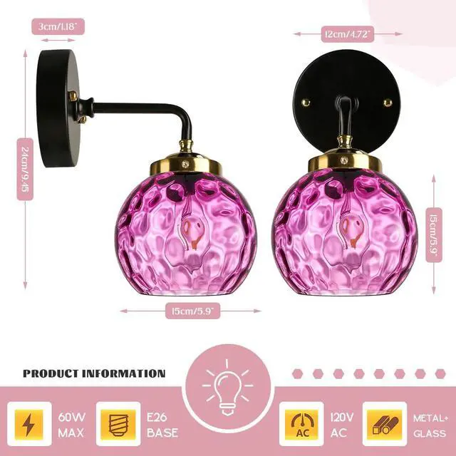 Alt view image 3 of 7 - Purple Bathroom Lighting Fixture Over Mirror Mid Century Wall Sconce | 15cm/5.9Inch Hammer Glass Globe Shade Modern Vanity Light Fixture Black Gold Finish Over Mirror Hallway Living Room Stairwell