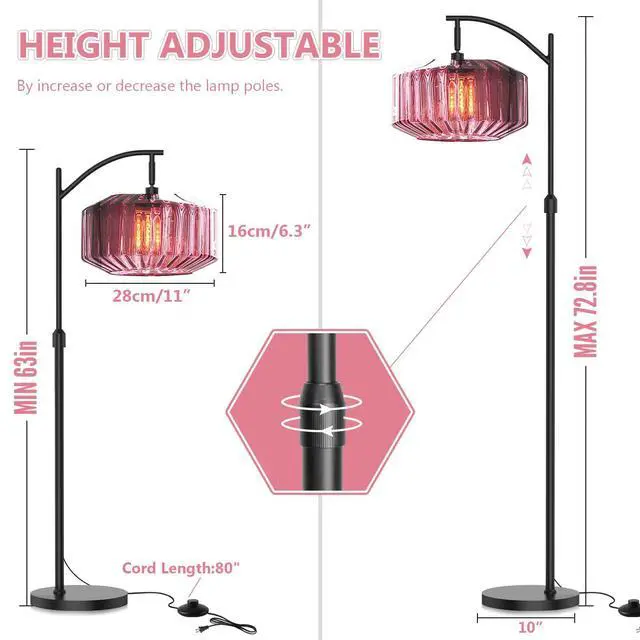 Alt view image 2 of 7 - Modern Glass Floor Lamp Large Purple Dome Shade Black Floor Lamp | Large 11Inch Glass Globe Shade Mcm Vintage Standing Lamps Tall lamp floor lamp for Living room Farmhouse Bedroom home decor