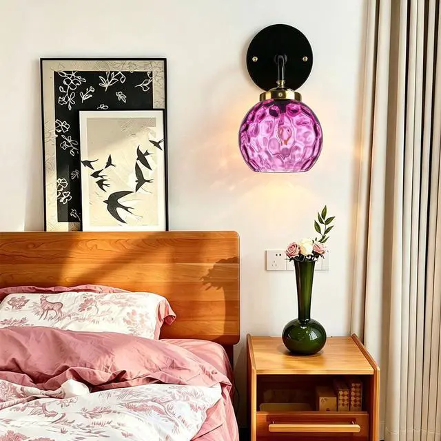 Alt view image 5 of 7 - Purple Bathroom Lighting Fixture Over Mirror Mid Century Wall Sconce | 15cm/5.9Inch Hammer Glass Globe Shade Modern Vanity Light Fixture Black Gold Finish Over Mirror Hallway Living Room Stairwell