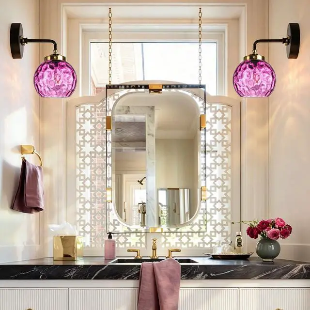 Alt view image 6 of 7 - Purple Bathroom Lighting Fixture Over Mirror Mid Century Wall Sconce | 15cm/5.9Inch Hammer Glass Globe Shade Modern Vanity Light Fixture Black Gold Finish Over Mirror Hallway Living Room Stairwell