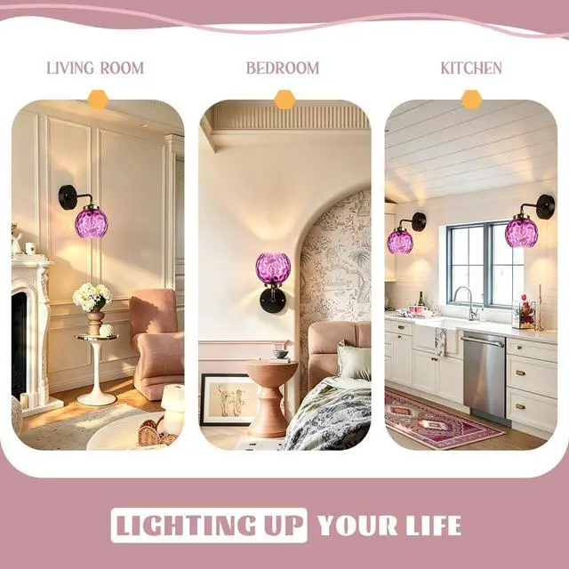 Alt view image 7 of 7 - Purple Bathroom Lighting Fixture Over Mirror Mid Century Wall Sconce | 15cm/5.9Inch Hammer Glass Globe Shade Modern Vanity Light Fixture Black Gold Finish Over Mirror Hallway Living Room Stairwell