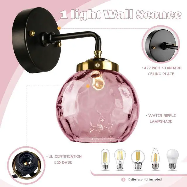 Alt view image 2 of 7 - 1-Lamp Pink Bathroom Lighting Fixture Over Mirror Mid Century Sconce | 15cm/5.9Inch Hammer Glass Globe Shade Modern Vanity Light Fixture Black Gold Finish Over Mirror Hallway Living Room Stairwell