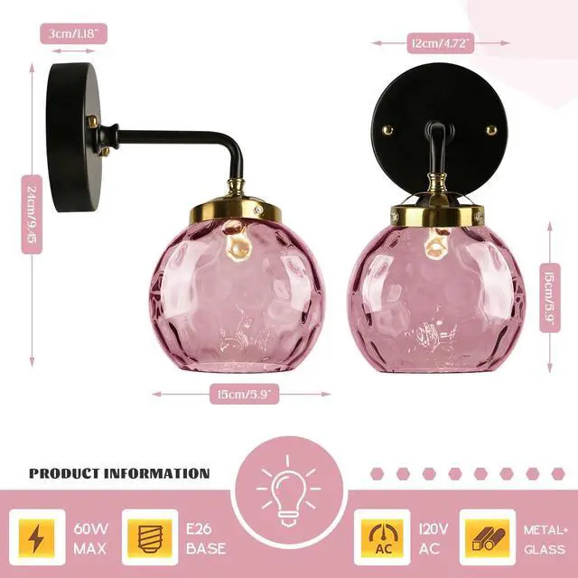 Alt view image 3 of 7 - 1-Lamp Pink Bathroom Lighting Fixture Over Mirror Mid Century Sconce | 15cm/5.9Inch Hammer Glass Globe Shade Modern Vanity Light Fixture Black Gold Finish Over Mirror Hallway Living Room Stairwell